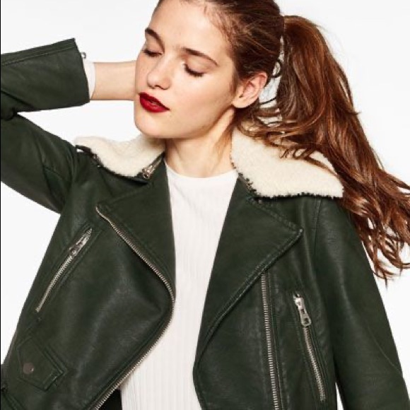 Zara Leather Green Jacket with removal Collar - Picture 4 of 16